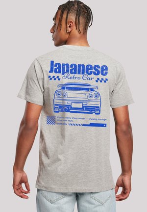 Gray cotton T-shirt featuring a blue graphic print of a rear-view retro car with the text "Japanese Retro Car" and decorative elements below.