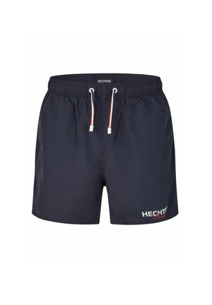 Shorts de bain bleu marine en tissu léger, dotés d'une taille élastique avec cordon de serrage et d'un logo blanc sur le devant.