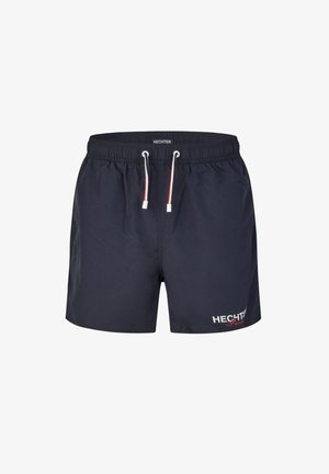 Marineblaue Badeshorts aus leichtem Stoff, mit einem elastischen Bund und Kordelzug sowie einem weißen Logo auf der Vorderseite.