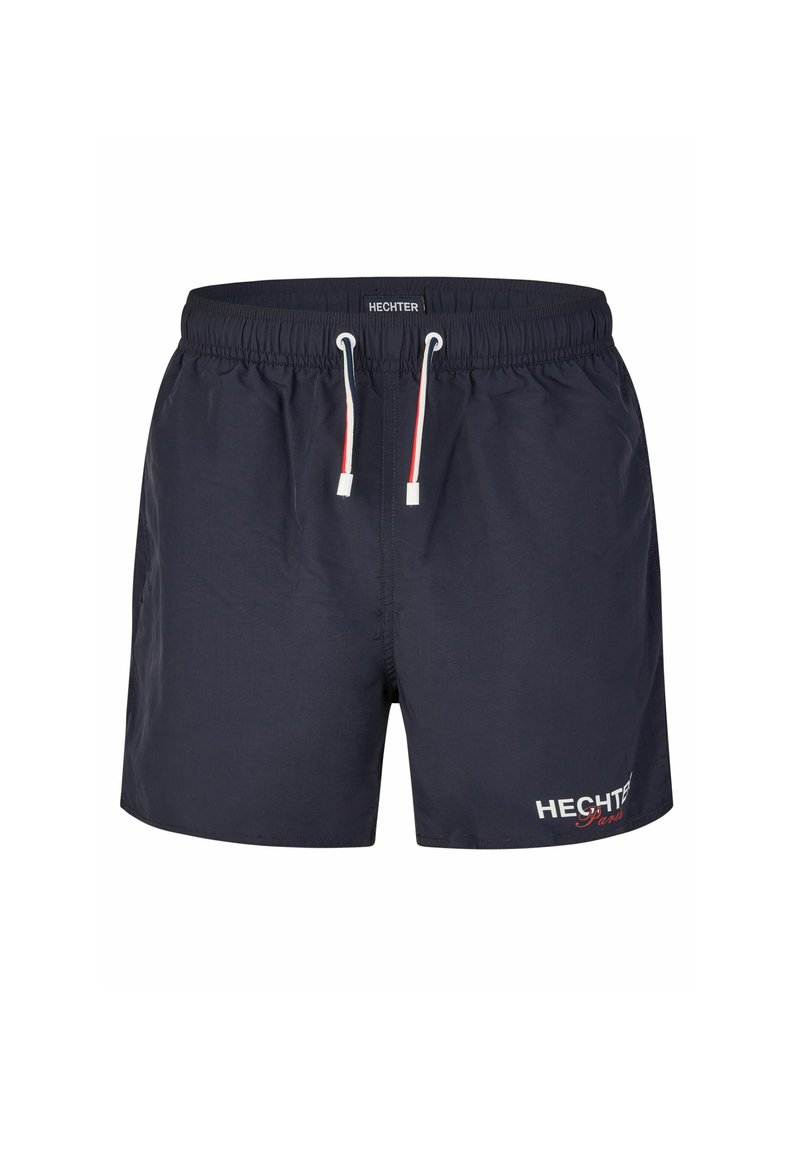 Marineblauwe zwembroek gemaakt van lichtgewicht stof, met een elastische tailleband met een trekkoord en een wit logo aan de voorkant.