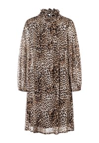 Langärmliges, knielanges Kleid mit hohem, Rüschensaum und einem Muster aus braunem und schwarzem Leopardenprint auf leichtem Stoff.