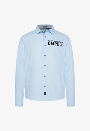 Himmelblaues Langarmhemd mit durchgehender Knopfleiste, verfügt über schwarze Stickerei mit der Aufschrift "CAMP DAVID BLUE CMPD" auf der linken Brust, mit Anker-Logo-Tag.