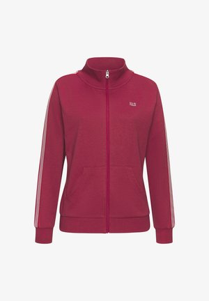 Burgunderfarbener Zip-Up-Pullover mit hohem Kragen, ausgestattet mit Fronttaschen und weißen Streifenakzenten entlang der Ärmel. Glatte Textur, lässige Passform.