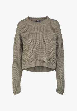 Olijfgroen geknipte gebreide trui met een textuurpatroon, ronde halslijn en lange mouwen. Dikke ribbels aan de zoom en manchetten.