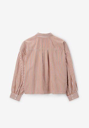 Chemise rayée dans des tons brun rougeâtre et crème, avec un col rabattu, des manches longues à poignets boutonnés et un détail de pli au dos.