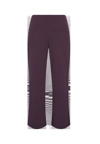 Lila vida byxor med en mjuk textur och elastiskt midjeband. Klippt till ankellängd, med en ren design utan ytterligare dekorationer.