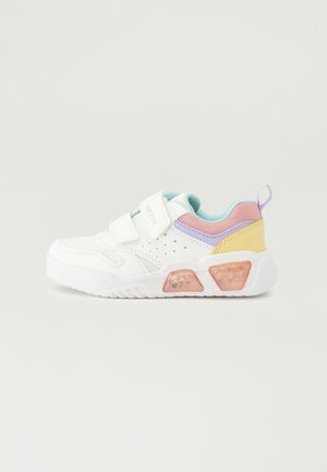 White sneakers with a textured upper, Velcro strap, pastel accents in pink, light blue, and yellow, featuring a chunky sole with transparent sections.