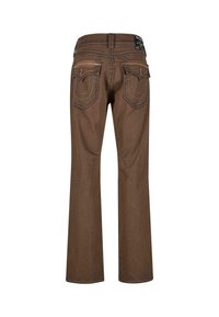 Pantalones vaqueros de mezclilla marrón con un diseño de pierna recta, que cuentan con dos bolsillos traseros con costuras distintivas y una etiqueta de banda en contraste.