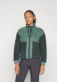 Woman wearing a green and dark gray zip-up fleece jacket with pockets and drawstrings, standing against a plain light gray background.