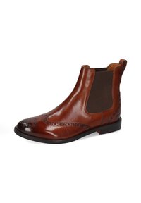 Bottines Chelsea en cuir marron avec une finition lisse, des détails de brogue sur le bout, des panneaux latéraux élastiques et une semelle noire.