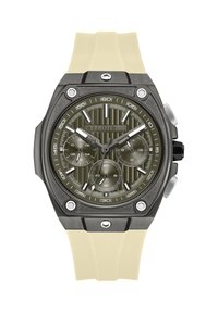 Reloj Cerruti 1881 con caja texturizada negra, esfera verde olivo con subesferas y correa de silicona amarillo claro. Accentos de hardware en plateado.