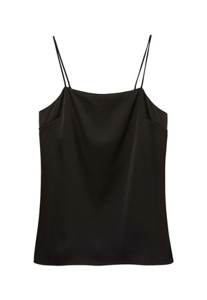 Haut caraco en satin noir avec fines bretelles doubles spaghetti et un décolleté droit.