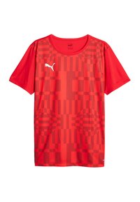 Rode sportieve t-shirt met korte mouwen, gemaakt van een gladde stof en voorzien van een geometrisch patroon met cirkel- en rechthoekige vormen. Logo op de borst.