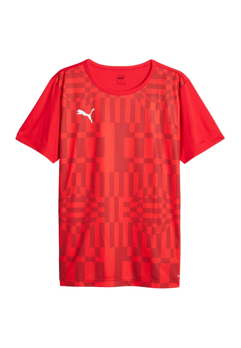 Rode sportieve t-shirt met korte mouwen, gemaakt van een gladde stof en voorzien van een geometrisch patroon met cirkel- en rechthoekige vormen. Logo op de borst.
