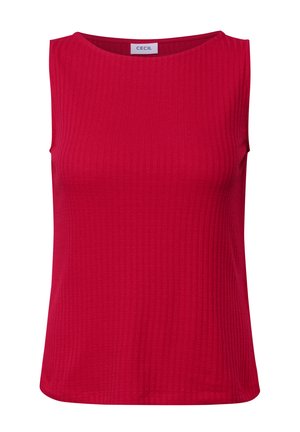 Top rosso senza maniche con una texture a coste e scollatura rotonda. L'etichetta recita "CECIL". Design semplice, senza motivi o dettagli visibili.