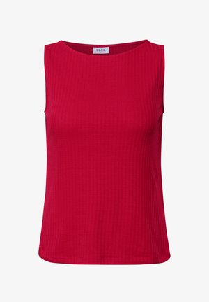 Rotes, ärmelloses Oberteil mit gerippter Textur und rundem Halsausschnitt. Etikett trägt "CECIL." Einfaches Design, keine sichtbaren Muster oder Akzente.