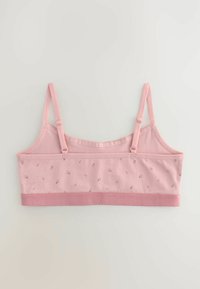 Rózsaszín pamut bralette vékony, állítható pántokkal és puha elasztikus övvel. Az anyag virágmintás, kis, szétszórt motívumokkal.