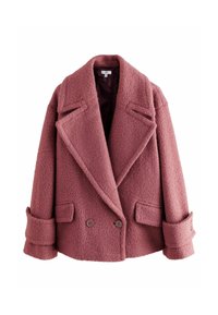 Manteau rose en mélange de laine à double boutonnage avec une finition texturée, larges revers et grandes poches. Manches avec poignets boutonnés.