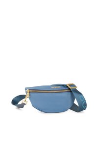 Marsupio in nylon blu con design curvo, zip dorata e una tracolla con logo. Texture liscia e forma compatta.