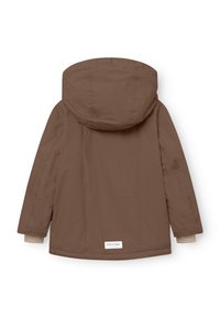 Veste matelassée marron avec capuche, équipée de manches longues, de poignets élastiques et d'une petite étiquette à l'ourlet. Texture lisse et design simple.