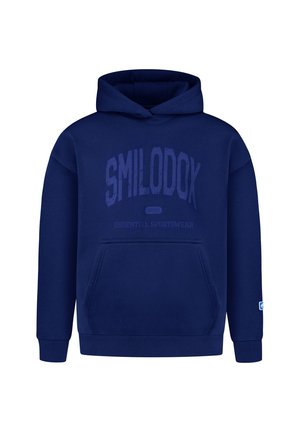 Sudadera con capucha azul marino con bolsillo frontal, puños acanalados y texto "SMILODOX ESSENTIAL SPORTSWEAR" impreso en el pecho.