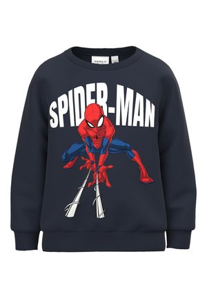 Mørkeblå sweatshirt med et stort Spider-Man motiv i rød og blå, med hvid tekst "SPIDER-MAN" tydeligt vist ovenover.