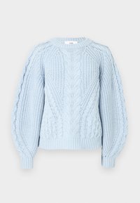 Maglione lavorato a maglia di colore azzurro chiaro con un motivo a treccia testurizzato. Presenta un colletto rotondo e polsini a coste sulle maniche e sull'orlo.