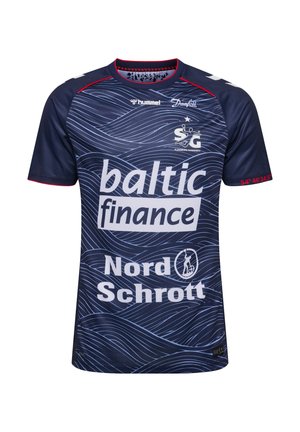 Granatowa sportowa koszulka z falistym wzorem, czerwonym obramowaniem, logotypami "baltic finance," "Nord Schrott," oraz emblematem SG Flensburg-Handewitt.