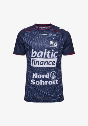 Marineblå sports trøje med bølgemønster, rød kant, logoer "baltic finance," "Nord Schrott," og SG Flensburg-Handewitt emblemet.