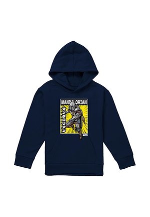 Navy hoodie with graphic of Mandalorian character in armor, yellow burst background, Japanese text, and "Star Wars" logo on front.