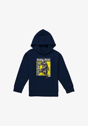 Navy hoodie with graphic of Mandalorian character in armor, yellow burst background, Japanese text, and "Star Wars" logo on front.