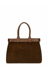 Bruine suède handtas met twee korte hengsels, getextureerde leren accenten en een gestructureerde rechthoekige vorm. Gladde oppervlakte en eenvoudig ontwerp.