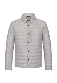 Hellgraue, gesteppte Jacke mit Knopfleiste, Kragen und Brusttasche. Hergestellt aus strukturiertem Stoff mit horizontalen Steppnähten.