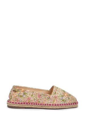 Instapschoen espadrille met multikleurige bloemstof, gevlochten jute tussenzool en rubberen zool, gezien vanuit de zijkant.