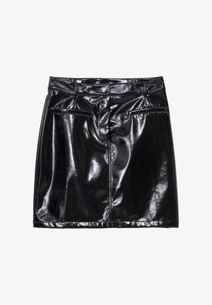 Black vinyl mini skirt with a shiny finish, featuring a front zipper, two side pockets, and a metal button closure at the waist.