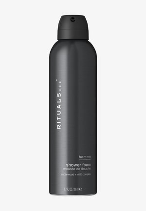 Høj sort dåse Rituals Homme bruse skum med cedertræ og vitamin E, 200 ml, spraydyse på toppen.