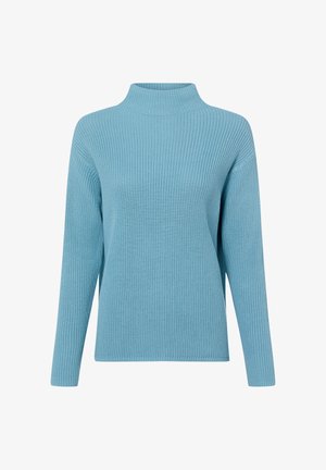 Lichtblauwe gebreide trui met lange mouwen en een colkraag, weergegeven op een effen witte achtergrond.