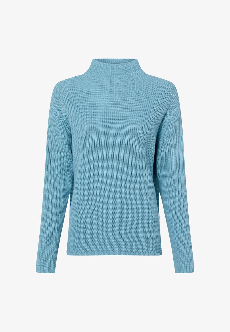 Lichtblauwe gebreide trui met lange mouwen en een colkraag, weergegeven op een effen witte achtergrond.