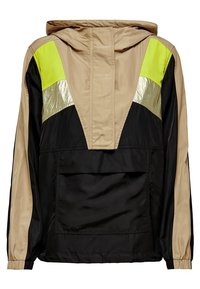 Jacke mit Farbblöcken in Schwarz, Beige und Neon-Grün. Mit Kapuze, langen Ärmeln und einer Rückentasche. Glatte Textur.
