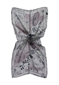 Foulard leggero e quadrato in tessuto morbido. Presenta un design a schizzo con colori nero, grigio e rosa tenue, e intricati scarabocchi e pattern.