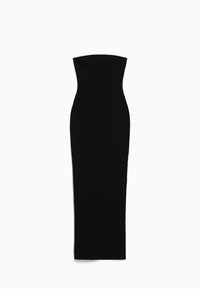 Robe midi noire sans manches avec une silhouette ajustée, texture ribbed et ourlet droit. Fabriquée en tissu extensible pour le confort.