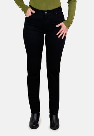 Pantalones de mezclilla negros con un diseño ajustado y cintura a media altura. Estilo de cinco bolsillos, detalles de hardware sutiles y un ligero estiramiento para mayor comodidad.