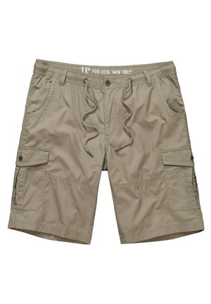 Beige Cargo-Shorts aus leichtem Gewebe mit elastischem Bund, Kordelzugverschluss, mehreren Taschen und glatter Textur.