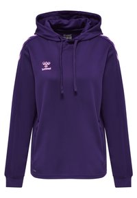 Hoodie van paarse stof met een voorkeurszak, met roze schouderaccenten en een logo op de borst. Lange mouwen met ribgebreide manchetten.