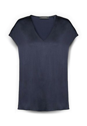 Marineblaue Bluse mit kurzen Ärmeln, V-Ausschnitt und leichten Kappärmeln, aus glattem Stoff, am Kragen mit dem Etikett Elena Miró.