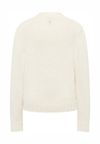 Stickad cardigan i off-white färg, avslappnad passform, ribbade muddar och nederdel, strukturerat mönster, med rund halslinning och utan knäppningar.