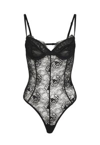 Mustat pitsi bodysuit kukkakuviolla, tukevat kupit, säädettävät hihnat ja korkealle leikattu lahje. Huomaamaton rakenne koko alueella.