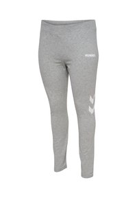 Grijze leggings gemaakt van een katoenmix, met een hoge taille, een gladde textuur en een wit logo met chevronpatroon accenten aan de zijkant.