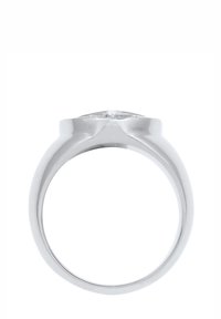 Silver ring featuring a smooth, rounded band and a faceted, diamond-like stone setting on top. The design is simple and modern.
