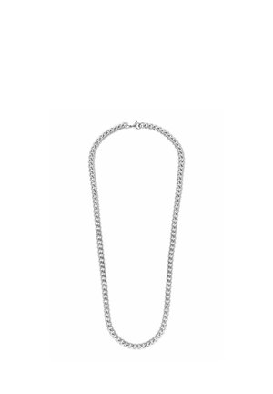 Silver chain necklace with interlocking curb links, displayed on a plain white background. No visible pendant or embellishments.